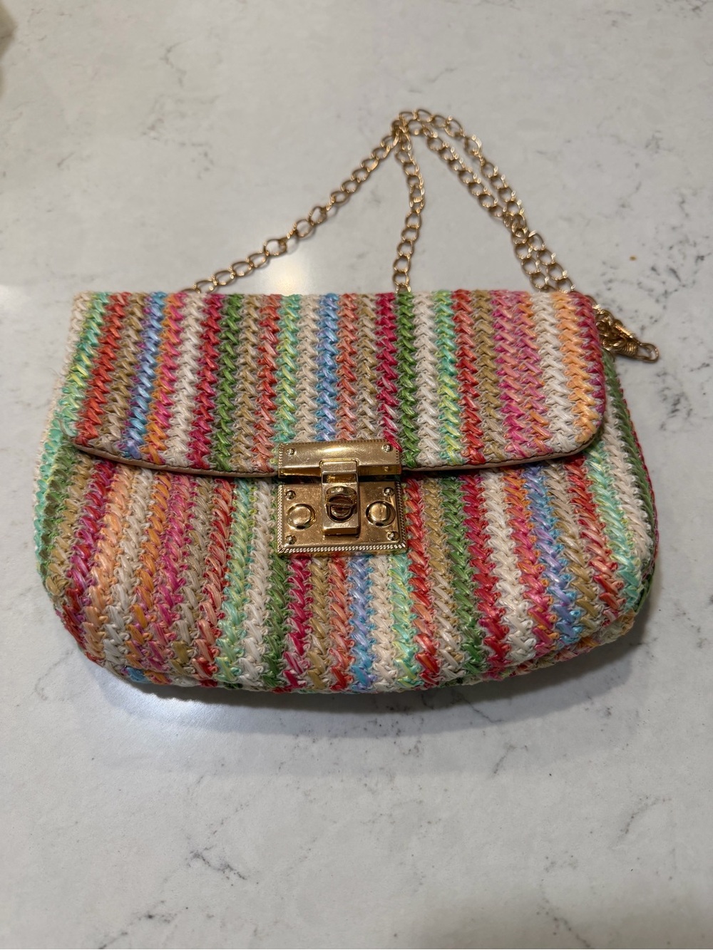 Multicolor Woven Straw Clutch with Gold Chain Strap